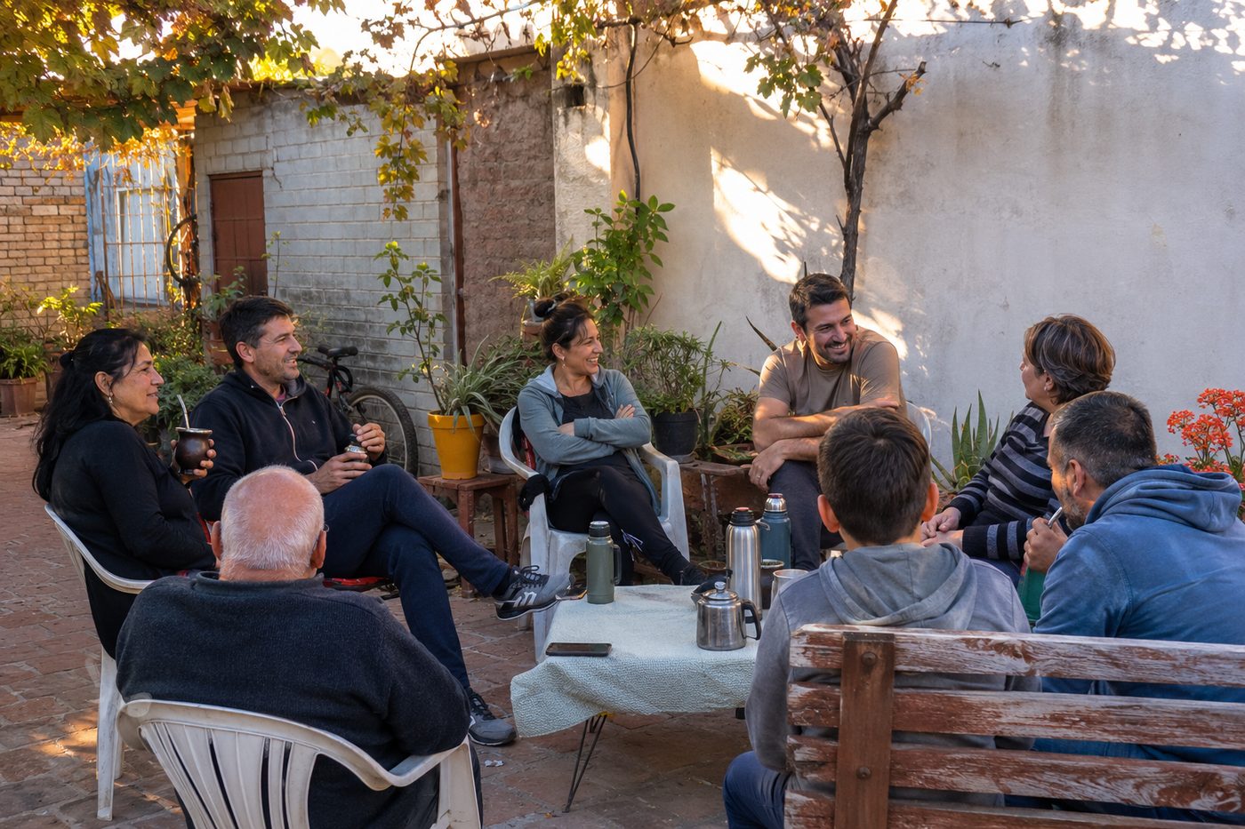 Vecinos de Villa Dolores compartiendo una mateada en un patio